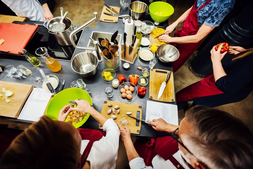 Cooking class from above with ingredients and utensils